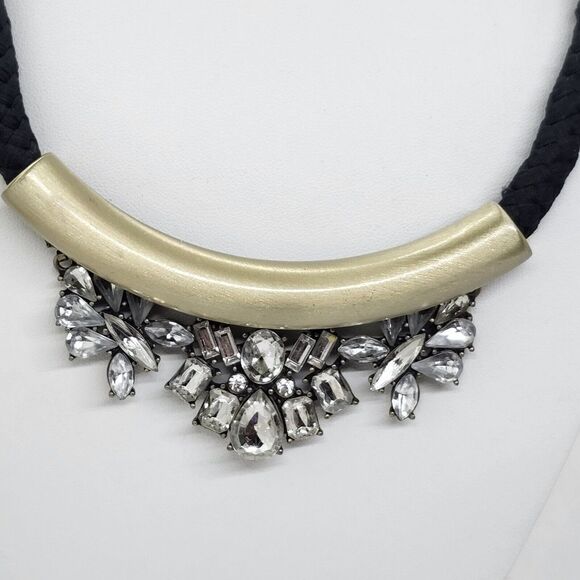 ANN TAYLOR Loft‎ Black Braided Cord Clear Rhinestone Brushed Gold Tone Necklace1 - Picture 2 of 4